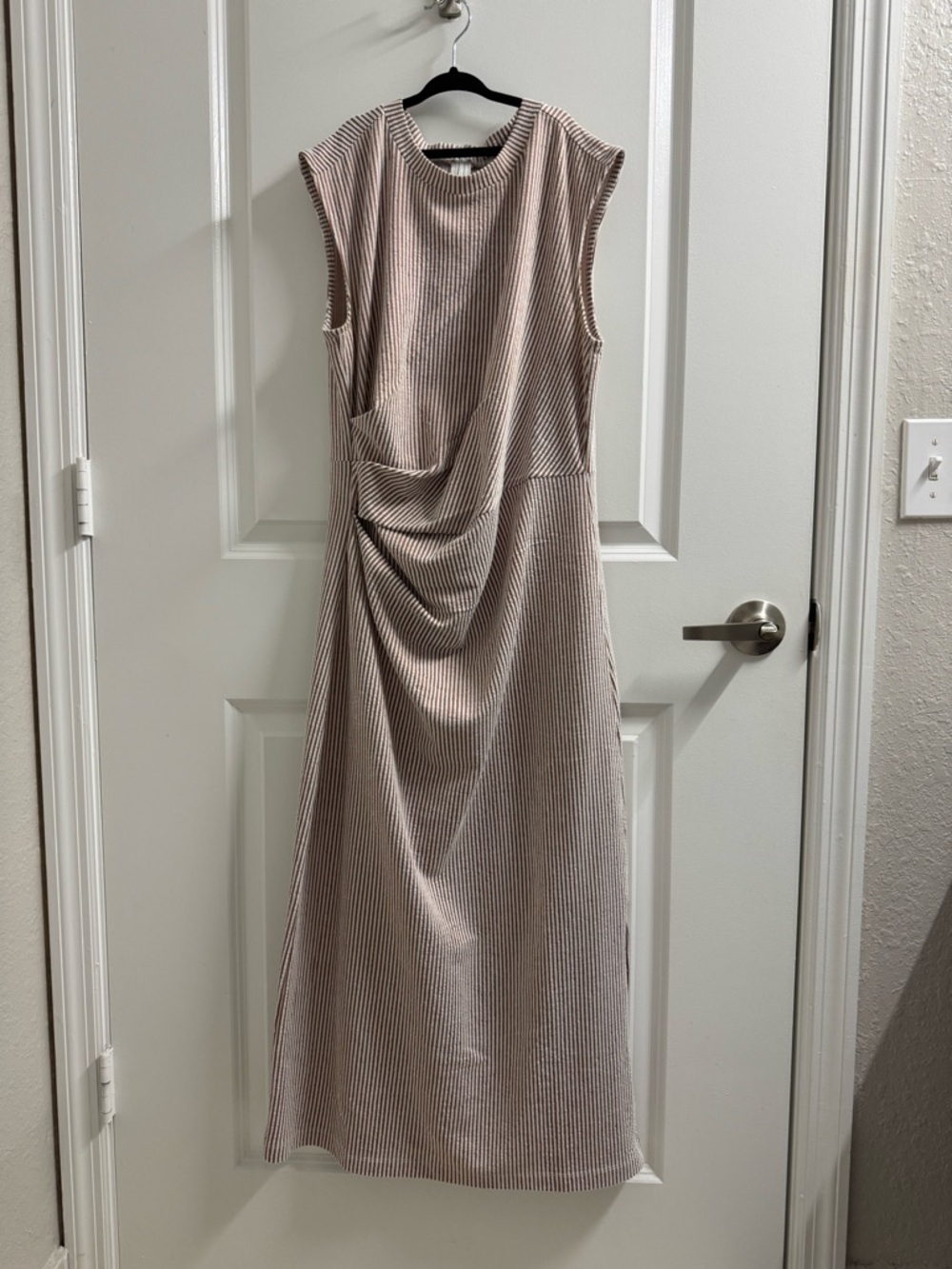 LOFT Brown and White Striped Draped Midi Dress